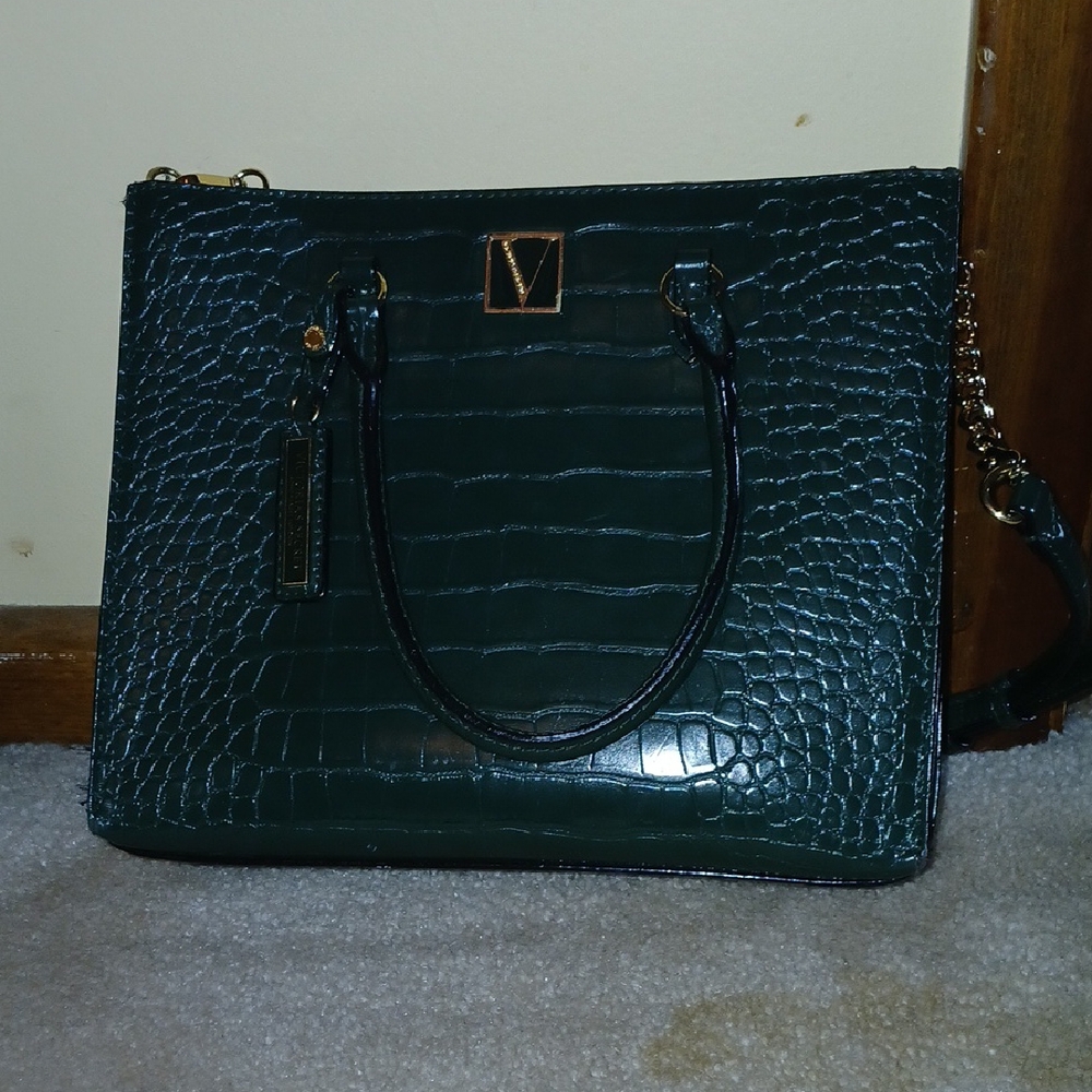 Victoria's Secret Dark Green Crocodile-Embossed Satchel Handbag Purse